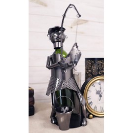 Ebros Gift Country Pastime Catch of The Day Fisherman Angler with Bucket of Fish Hand Made Metal Wine Bottle Holder Caddy 15.5" H Fishing Hobby Decorative Accent