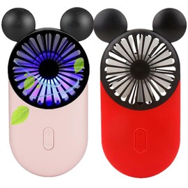 Generic Cute Mouse Personal Mini Fan, Handheld USB Rechargeable Fan with Pretty LED Light, 3 Adjustable Speeds with Portable Holder, for Indoor Or Outdoor Park School, Pink+Red