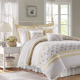 Madison Park Dawn 100% Cotton Shabby Chic Comforter Set-Modern Cottage Design All Season Down Alternative Bedding, Matching Shams, Bedskirt, Decorative Pillows, Queen(90"x90"),, Yellow 9 Piece