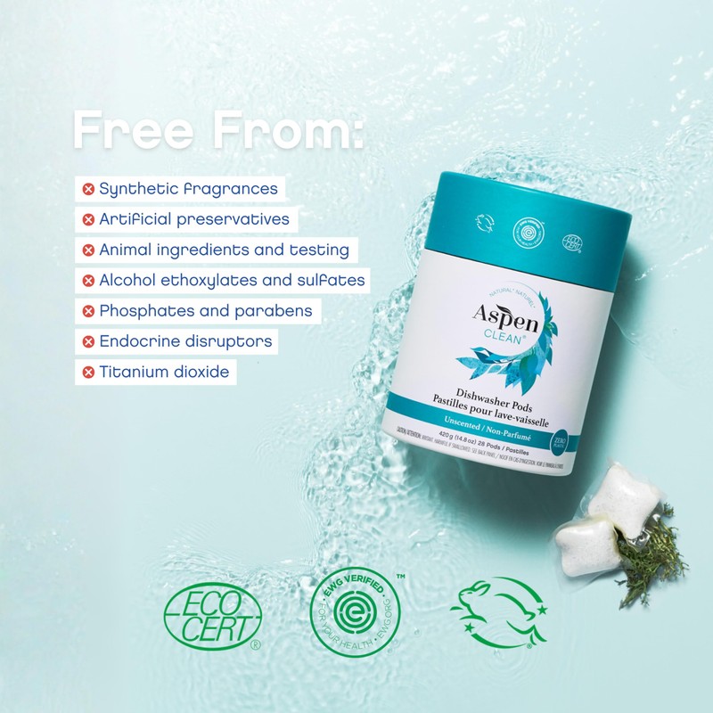 Unscented Dishwasher Pods by AspenClean, Dye-Free, Zero Plastic, EWG Verified™,