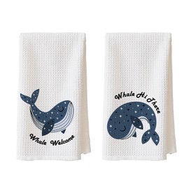 Nihilform 2-Pack Whale Themed Waffle Towels,Whale Hand Towels, Welcome & Hi There Dish Tea Towel 16x24 Inch. Funny Coastal-Style Kitchen Decor,Gift for Sea Lovers On Birthdays Or Housewarmings.