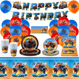 Pkc 70PCS Monster Trucks Birthday Party Decorations, Cartoon Theme Party Supplies Include Birthday Banner, Balloons, Happy Birthday Plates, Tablecloth for Kids Birthday Party