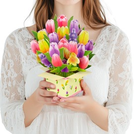 Colorful Tulip 3D Pop Up Spring Greeting Card for Mother’s Day Birthday Easter Anniversary Thank You Sympathy Get Well, Handmade Floral Bouquet for Mom, Grandma, Wife, Teacher, with Envelope and Blank Note Card