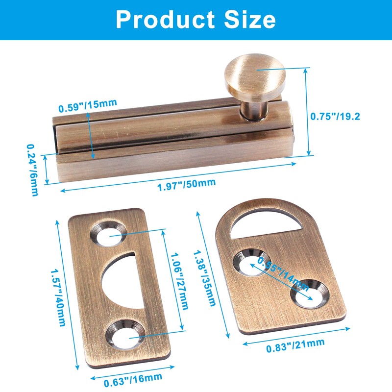 Coufce 2pcs 2 Inch Solid Brass Slide Bolt, Rose Gold