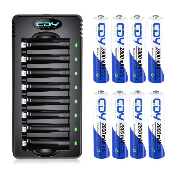 CDY - Paquete de 8 baterías AA recargables de 1,2 V 2800 mAh con cargador de batería AA AAA de 8 bahías para baterías recargables NiMH NiCD