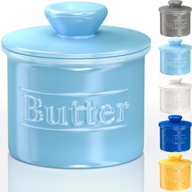 Premium Butter Crock with Lid - Original Design French Butter Dish - Beautiful Ceramic Butter Keeper for Counter with Water Line - Perfect to Keep Butter Soft and Spreadable - Light Blue