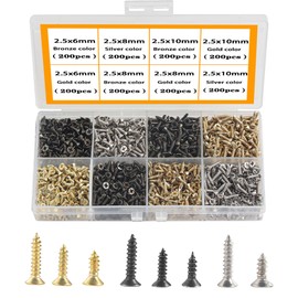 HVDHYY 1600pcs Small Screws M2.5 Small Hinge Antique Self Tapping Screw Multi-Purpose Wood Screw DIY Miniature Screws Set Silver Golden Black
