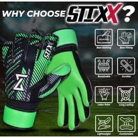 STIXX Goalie Gloves Youth Kids - Soccer Goalie Gloves with Anti Slip Strong Grip (Green/Black, 4)