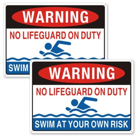 No Lifeguard On Duty Sign, (2 Pack) Swimming Pool Signs, Swim At Your Own Risk Pool Rule, 14x10 Inches Rust Free Reflective Waterproof Aluminum Metal Sign and Easy to Install
