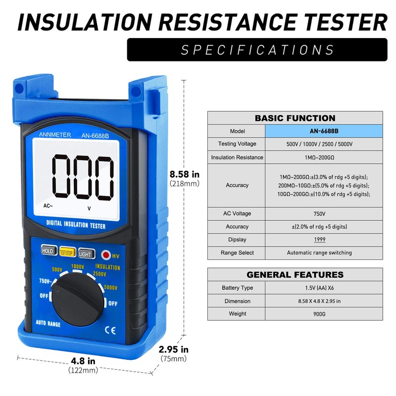 Digital Insulation Resistance Tester, AIMOEST Megohmmeter 200GΩ Meg Ohmmeter, 500V/1000V/2500V/5kV
