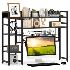 Giantex Desktop Bookshelf, 37" Desk Shelf for Up to 32" Computer Monitors, 4 Tier Desktop Display Rack with 6 Movable Hooks, 2 Anti-toppling Kits, Wood Desk Hutch for Home Office Dorm (Black)
