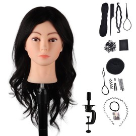 DaizySight Hair Styling Training Head with 100% Real Human Hair, 18" Black Cosmetology Mannequin Head Hairdressing Manikin Doll Head with Clamp & Styling Tools (Black)