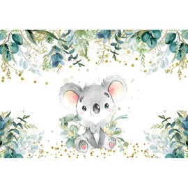 Ttincceer Cute Koala Background 270 x 180 cm Sage Green Eucalyptus Leaves Gold Sparkling Photography Background Newborn Happy Birthday Background Birthday Party Decoration Banner