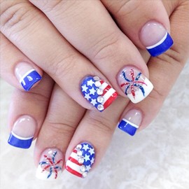Sutaozhi 4th of July Press on Nails Short Square French Tip Fake Nails with Glitter Stars Rhinestones Fireworks Design Acrylic Glue on Nails Patriotic False Nails for Independence Day Nails Kit 24Pcs