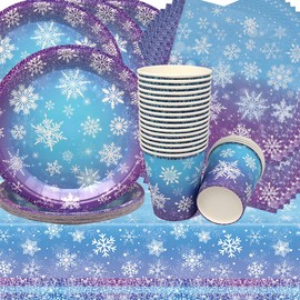Doyomtoy Snow Party Tableware, Pack of 61 Party Tableware for Snowflakes, Birthday Decoration, Winter Wonderland Party Supplies, Tableware for New Year, Celebration, Birthday, Picnic, Wedding