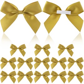 Pndeyo 15pcs Self-Adhesive Wrap Bows, Soft Non-Faded Satin Ribbon Bow, Premade Craft Bowknot for Christams Wedding Birthday Party Bridal Shower Decorations- Gold