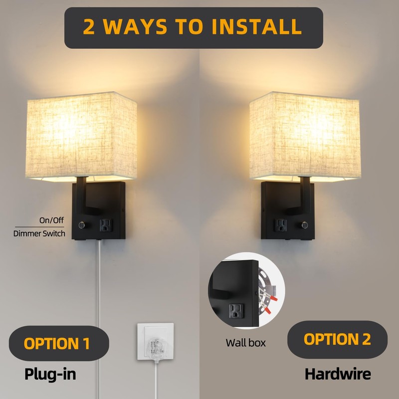 wkeessee Bedside Wall Mount Light with Outlet and Dimmable Switch,