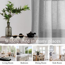 Bujasso Linen Texture Gray Semi Curtains 48 Inch Long Rod Pocket Top Semi Transparent Light Filtering Curtains for Bedroom Living Room Transparent Window Treatments 2 Panels,55" Wx48 L,Gray
