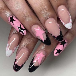 French Tip Press on Nails Almond Fake Nails Pink with Black Star Design Medium False Nails Acrylic Full Cover Nails Artificial Nails Glossy Glue on Nails for Women Girls Manicure Art 24Pcs