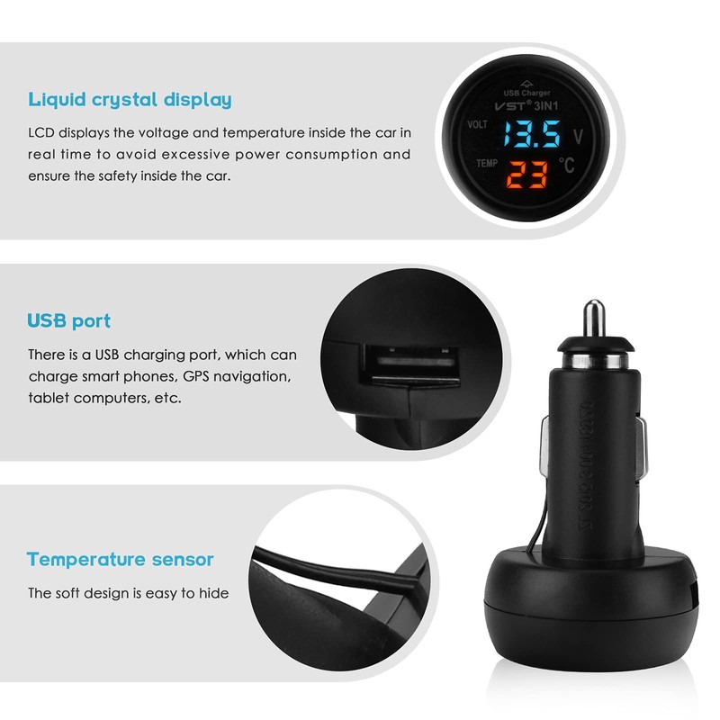 Car Voltmeter, 3 in 1 12V/24V Car USB Charger Thermometer