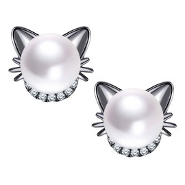 Unendlich U Stud Earrings 925 Sterling Silver Cat Pearl Earrings with Zirconia 6.5 mm Freshwater Cultured Pearls Mother's Day Gift, Silver Pearl Cubic Zirconia