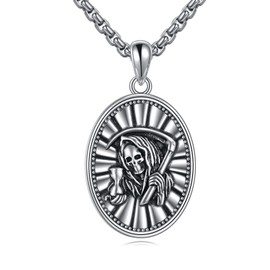 ONEFINITY Santa Muerte Necklace 925 Sterling Silver Ia Santa Muerte Pendant Grim Reaper Necklace Amulet Jewellery Gifts, Sterling Silver, No Gemstone