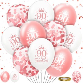 HYOWCHI Rose Gold 90th Birthday Party Balloons Decorations for Women, 18pcs 90 and Fabulous Printed Latex Balloons, Happy 90-Year-Old Birthday Party Supplies for Her