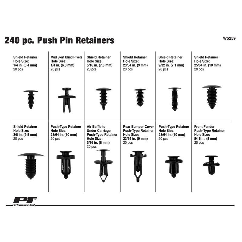 Performance Tool W5259 240Pc Bumper Retainer Clips Car Plastic Rivets