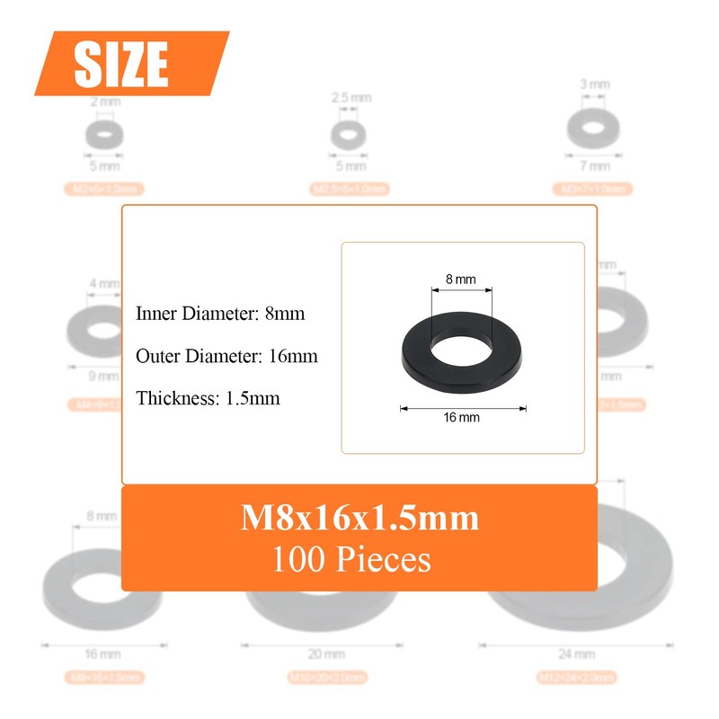 100 Pieces M8 Black Nylon Flat Washers, Plastic Washers, Inner