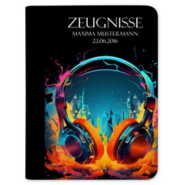 CreaDesign, Children's Certificate Folder with Name, Neon Headphones Motif without Transparent Pockets, A4, 24 x 31 x 1 cm, Black Spine