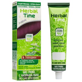 Herbal Time Henna Natural Cream Color Aubergine Nº 9 | Henna Coloring Cream with Nettle Extract | Gray Hair Cover | Temporary Color Dye Cream | Ammonia Free, Sulfates Free, Parabens Free | 75 ml