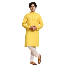 SKAVIJ Men's Tunic Cotton Kurta Pyjamas Indian Yoga Casual Dress Set, gold