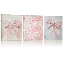 AmazingSpark 3 Pcs Coquette Pink Bow Canvas Wall Decor Oil Painting Bow Wall Decor Prints Trendy Preppy Cute Art with Framed for Bedroom Bathroom Kitchen College 9.84 x 7.87 Inch