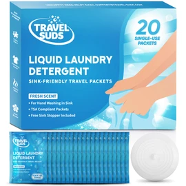 TravelSuds Laundry Detergent Packets (20 Pack) | Travel Detergent for Hand Washing in Sink, Includes Free Sink Stopper