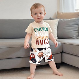 Ledy Champswiin Toddler Baby Boy Farm Outfits Short Sleeve Embroidery Tops Casual Shorts Summer Two Pieces Clothes Set (Beige Chicken nugs mama hugs, 3-4T)