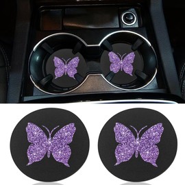 GAOLAOSY 2PCS Bling Butterfly Car Coasters, 2.75'' Anti Slip Insert Cup Holder Coaster, Rhinestone Vehicle Cup Holder Decoration Pad, Universal Auto Interior Drink Water Bottle Mat Accessory (Purple)