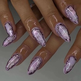MISUD Press on Nails - Medium Almond Fake Nails with Goth Purple, Acrylic Ombre Design 24 pcs