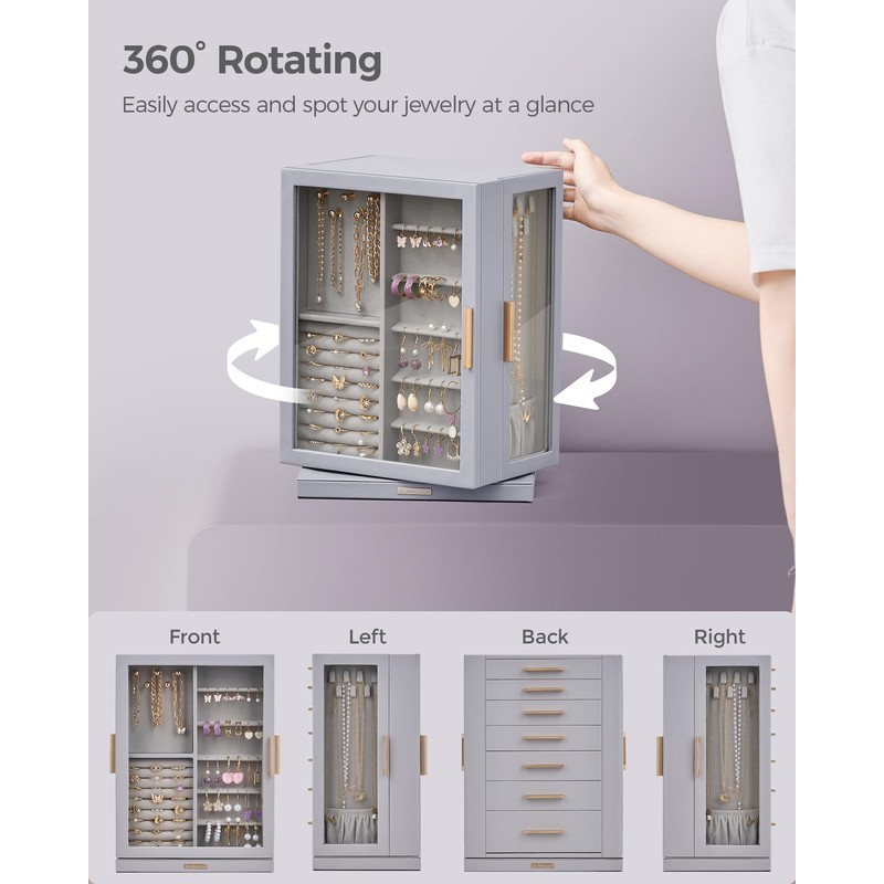 Glimmloop 360° Rotating Jewelry Box with 7 Drawers, Spacious Vertical