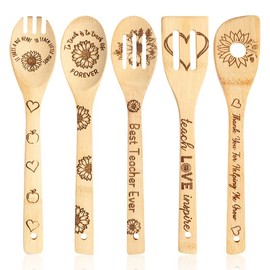 Haooryx 5Pcs Teacher Appreciation Cooking Spoons Set Sunflower Theme Cooking Utensils Non-stick Carve Burned Bamboo Cooking Gadgets Kitchen Decor Supply for Teacher Birthday Christmas New Year Gifts