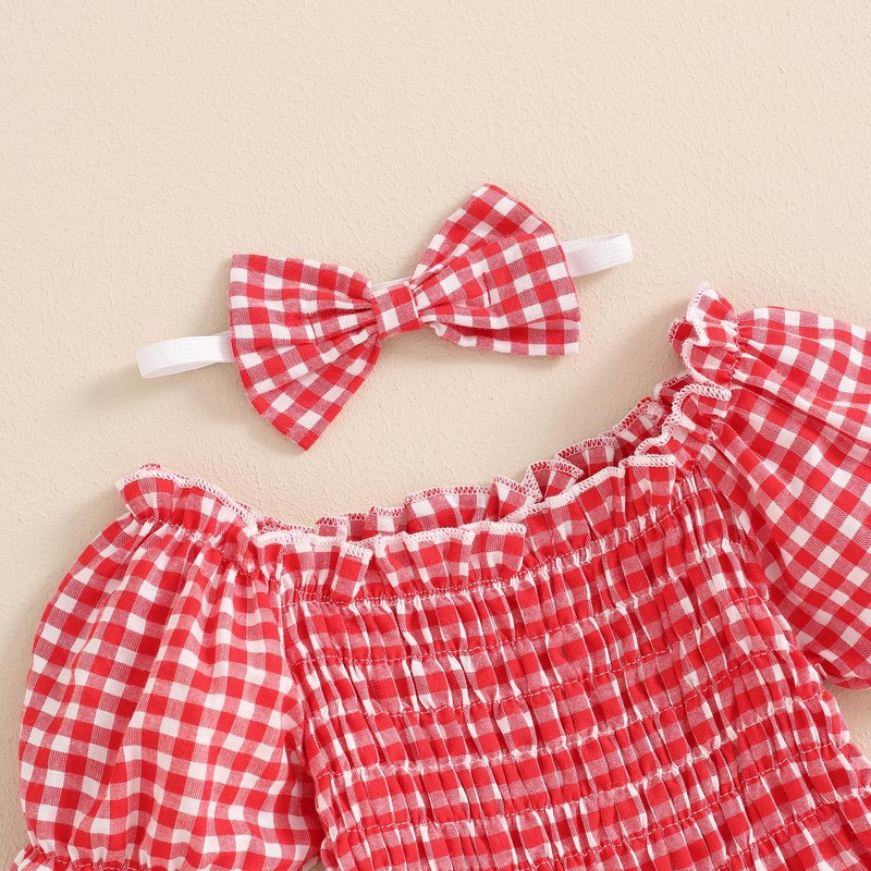 Newborn Baby Girl Summer Clothes Short Puff Sleeve Plaid Bubble