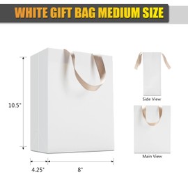 YUEYANG White Gift Bags Pack of 10, 8x4.25x10 inch White Kraft Paper Gift Bags with Ribbon Handles - Boutique Gift Bags for Wedding Welcome, Shopping, Merchandise, Goodies, Parties, and More