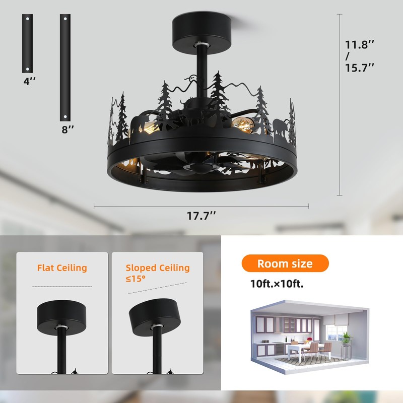 Rustic Ceiling Fans with Lights and Remote, Black Caged Ceiling