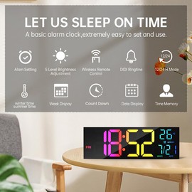 Digital Wall Clock Large Display, 16.2" Digital Wall Clock with RGB Color Changing Remote Control, Automatic Brightness Dimmer with Night Lights, Auto DST, Date Week,Temperature