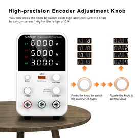 DC Power Supply Variable, Bench Power Supply with Encoder Adjustment Knob, Output Enable/Disable Button, Adjustable Power Supplies with USB Quick-Charge, Short Circuit Alam (60V 5A White)