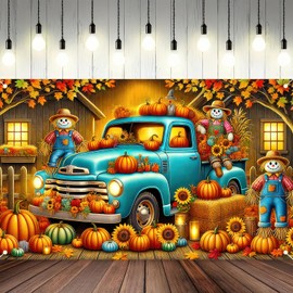 HOMETITUTE Fall Thanksgiving Backdrop Banner Scarecrow Truck Autumn Theme Banner 71x43 Inchs Pumpkin Fall Maple Leaves Harvest Backdrop Banners Autumn Theme Outdoor Party Supplies