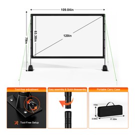 Outdoor Projector Screen with Stand, TWjouko 120 inch Portable Movie Screen with Carry Bag, Sandbag,16:9 Washable Cloth Screen for Backyard, Camping, Travel, Easy Setup, Big Projection Screen