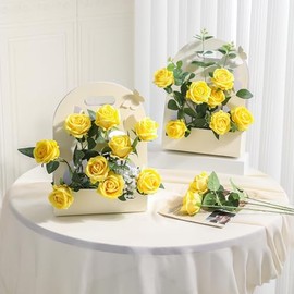 Ramo de rosas artificiales de seda con tallo largo para decoración del hogar, boda, fiesta - 12 unidades, amarillo