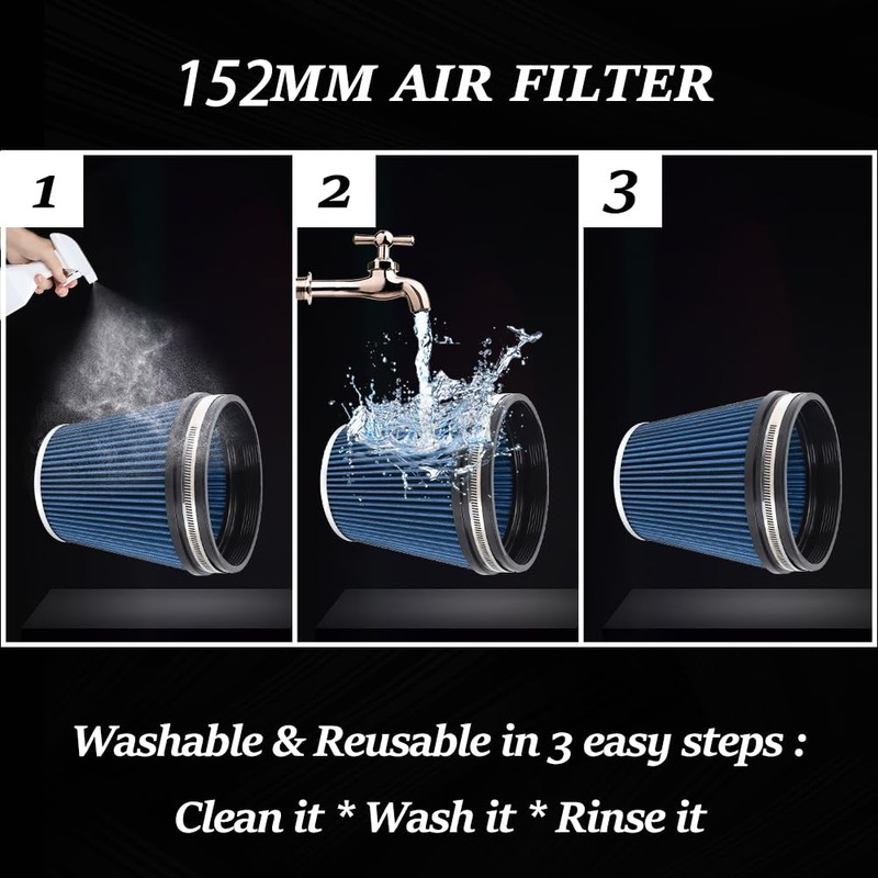 6" Inlet Cold Air Intake Filter Cone Replacement Performance Washable