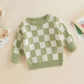 Kuriozud Toddler Baby Boy Girl Sweater Checkerboard Knit Crewneck Sweatshirt Soft Warm Fall Winter Clothes (Plaid Green,4-5T)