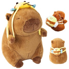 Capybara Plush Toy & Plush Keychain, Capybara Cuddly Toy Stuffed Toy with Bee Backpack, Kawaii Capybara Doll Cushion Toy, Cute Plushie Gift for Children, Boys, Girls, 25 cm